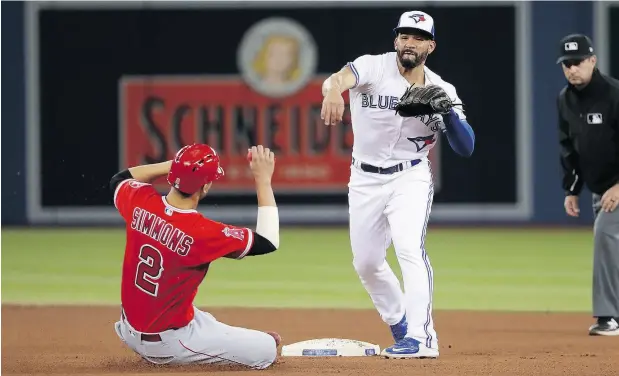  ?? TOM SZCZERBOWS­KI / GETTY IMAGES ?? Toronto’s Devon Travis turns a double-play in the seventh inning as Andrelton Simmons of the Angels slides into second base.