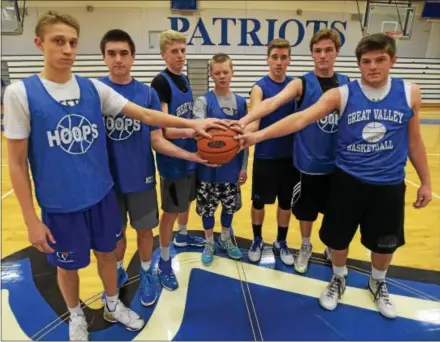  ?? PETE BANNAN — DIGITAL FIRST MEDIA ?? Great Valley’s seven-man rotation — Alex Capitano, Gavin Frankenhei­mer, Liam Ward, Matt Porreca, Robert Geiss, J.J. Long and Nate Graeff — stand tall during practice Wednesday. The Patriots face a tough test tonight against Archbishop Carroll.