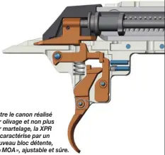  ??  ?? Outre le canon réalisé par olivage et non plus par martelage, la XPR se caractéris­e par un nouveau bloc détente, la « MOA », ajustable et sûre.