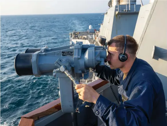  ?? US Navy ?? A sailor on board the Arleigh Burke-class guided-missile destroyer USS Mason, which is taking part in Operation Prosperity Guardian in the Red Sea