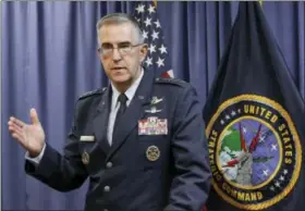  ?? NATI HARNIK — THE ASSOCIATED PRESS ?? In this Thursday file photo, Air Force Gen. John Hyten, the incoming commander of the United States Strategic Command, speaks to reporters following a change of command ceremony at Offutt Air Force Base in Bellevue, Neb. On Saturday the top officer at...