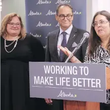  ?? DEAN PILLING ?? CUPS client Karrie Thibodeau, right, joined by Health Minister Sarah Hoffman and Minister of Finance Joe Ceci, speaks following the announceme­nt of new funding for CUPS at its downtown facility on Friday.