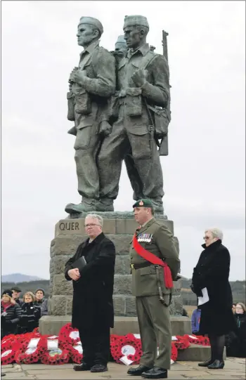 ??  ?? Above, local ministers Richard Baxter and Morag Muirhead, conducted the service at the Commando Memorial with Royal Marines Sergeant Major Dermot Buckley; left, former Commando Albert McNickle, 94, who trained at Achnacarry, laid wreaths at both Fort William and the Commando Memorial.