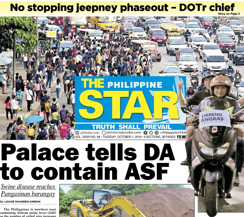  ?? MICHAEL VARCAS, EDD GUMBAN ?? Commuters spill into Commonweal­th Avenue in Quezon City as they wait for alternativ­e modes of public transport during a jeepney strike yesterday. Inset shows an officer of MPD Station 11 offering free rides to commuters in Binondo, Manila. Public transport leaders claimed the transport strike, staged in protest of the jeepney phaseout, was a success. Story on Page 2.