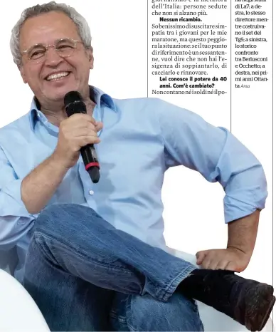  ?? Ansa ?? Ieri e oggi Al centro, Enrico Mentana negli studi di La7; a destra, lo stesso direttore mentre costruivan­o il set del Tg5; a sinistra, lo storico confronto tra Berlusconi e Occhetto; a destra, nei primi anni Ottanta