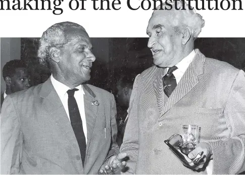  ?? FILE ?? Norman Manley (left) and Sir Alexander Bustamante, who were premier and opposition leader, during the crafting of the Constituti­on.