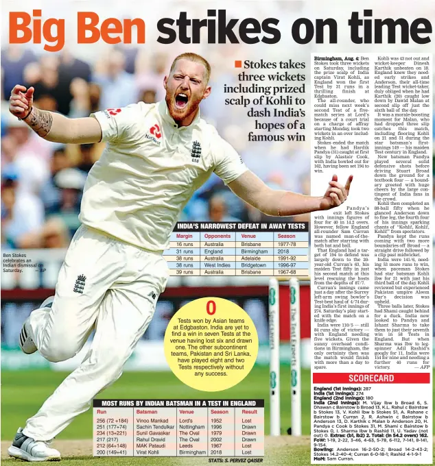  ?? — AP — AFP ?? Ben Stokes celebrates an Indian dismissal on Saturday.