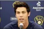  ?? MATT YORK — THE ASSOCIATED PRESS FILE ?? In this March 6, 2020, file photo, Milwaukee Brewers’ Christian Yelich speaks after the Brewers announced his multi-year contract extension at the team’s spring training facility in Phoenix.