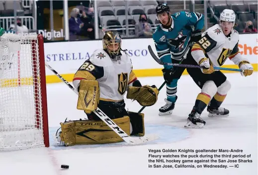  ??  ?? Vegas Golden Knights goaltender Marc-Andre Fleury watches the puck during the third period of the NHL hockey game against the San Jose Sharks in San Jose, California, on Wednesday. — IC