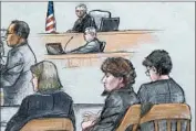 ?? JANE FLAVELL COLLINS ?? Dzhokhar Tsarnaev, center, has often appeared bored during his trial for the 2013 Boston Marathon bombings.