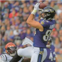 ?? KARL MERTON FERRON/BALTIMORE SUN ?? Ravens tight end Mark Andrews makes a catch during a 41-17 loss to the Bengals on Oct. 24. Ravens players and coaches seem to understand their backs are finally against the wall after three straight losses by a combined four points.