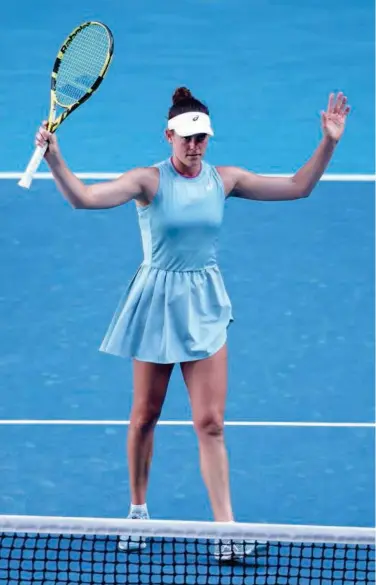  ?? Reuters ?? Jennifer Brady celebrates winning her semi-final match against Czech Republic’s Karolina Muchova in Melbourne on Thursday.