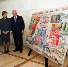  ??  ?? 2012: Olivia O Leary and Chairman of Ros Tapestry Board David Maher at the unveiling of the panel of tapestry at Ros Tapestry.
