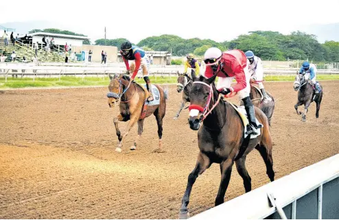  ?? PHOTO BY ANTHONY MINOTT ?? ANNAI LINKS (right) ridden by Phillip Parchment, wins the Cash Pot ‘Xtra’ Trophy over nine furlongs and 20 yards at Caymanas Park last Saturday.