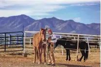  ?? ?? Volunteer Susan Moss speaks to Miles as she prepares to take him out of the stable Friday at The Horse Shelter in Cerrillos. After working with Miles for a couple years, Moss plans to adopt him and take him to a ranch when he is ready.