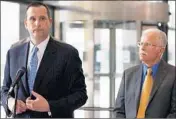  ?? TERRENCE ANTONIO JAMES/CHICAGO TRIBUNE ?? Liberty Justice Center President Patrick Hughes, left, and Mark Janus, right, announce a follow-up lawsuit to ‘Janus v. AFSCME’ during a press conference in Chicago on May 1.