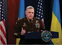  ?? PHOTO VIA AFP GETTY IMAGES ?? MAKING HIS MARK
United States Joint Chiefs of Staff Chairman Gen. Mark Milley speaks during a media briefing after a virtual Ukraine Defense Contact Group meeting at the Pentagon in Arlington, Virginia on Wednesday, Nov. 16, 2022.