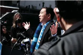  ?? Photograph: Spencer Platt/Getty Images ?? Andrew Yang speaks to the media in Chinatown earlier this month.