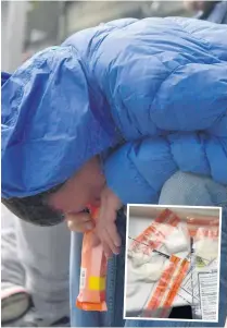  ??  ?? ADDICTIVE: A man sits on a bench in a comatose state after taking monkey dust, inset.