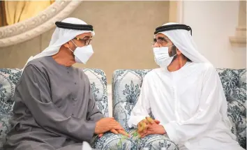  ?? WAM ?? Shaikh Mohammad Bin Zayed with Shaikh Mohammad Bin Rashid. The Vice-President chaired the Supreme Council meeting to elect Shaikh Mohammad Bin Zayed as UAE’s President.
