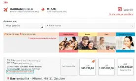  ??  ?? Captura de pantalla tomada a las 10:00 a.m. de ayer del vuelo directo Barranquil­la-Miami para el miércoles 31 de octubre, por Avianca.