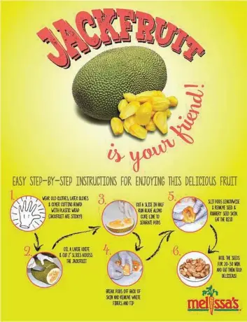  ?? Melissa’s Produce ?? A primer from Melissa’s Produce on how to enjoy jackfruit; the fruit’s sheer mass and forbidding exterior tend to ward off potential takers.