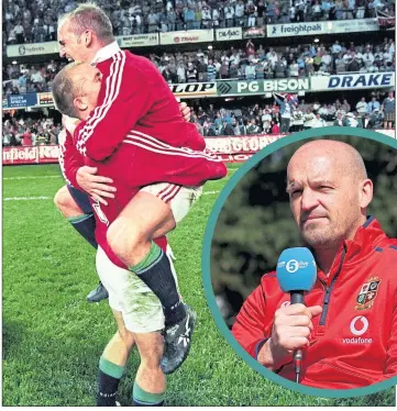  ??  ?? Gregor Townsend and Matt Dawson celebrate victory over South Africa in Durban in 1997, something Townsend (inset) will hope to emulate on this year’s tour