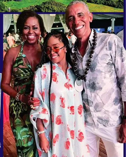  ??  ?? Obama unmasked: The ex-president hits the dance floor, above, and with his wife Michelle and singer H.E.R., right