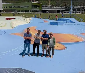  ??  ?? Members of the team that worked to upgrade Porirua’s skate park - from left, Mark Spijkerbos­ch, Porirua mayor Mike Tana, Moses Viliamu and Judy McKoy.