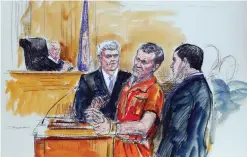  ??  ?? RICHMOND: This Nov 7, 2014, artist rendering shows, Irek Hamidullin, front center, his attorney Robert Wagner, front left, and interprete­r Ihab Samra, front right, as Judge Henry Hudson, left, listens in Federal Court. — AP