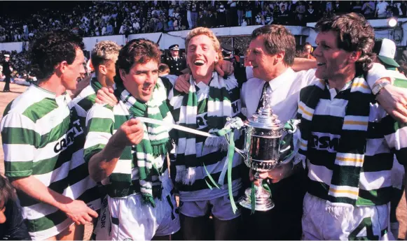  ??  ?? GO ON MY SONS Centenary squad stars Billy Stark, McGhee, Frank McAvennie, and Roy Aitken, left to right, formed a powerful bond with McNeill after winning Scottish Cup in 1988