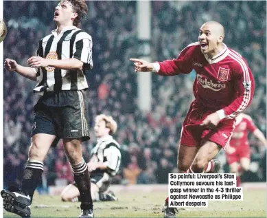  ??  ?? So painful: Liverpool’s Stan Collymore savours his lastgasp winner in the 4-3 thriller against Newcastle as Philippe Albert despairs
