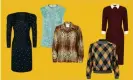  ?? Digital/The Guardian ?? Perfect for this season … from left: 80sstyle dress, £34, and sequinned top, £28, both at Beyond Retro. Tiger print blouse, £30, and argyle sweater, £28, both Rokit. Dress, £29, Beyond Retro. Composite: Guardian Design; 100%