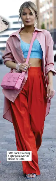  ??  ?? Tie-dye bucket hat, €49, Whistles
Stripe midi dress, €199, Whistles
Floral print high-tops, €11, Penneys
Gitta Banko wearing a light pink oversize blouse by Gitta