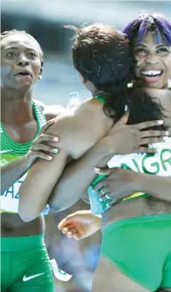  ?? Team Nigeria’s women relay teamm celebrate reaching the finals of the women’s 4x100m relay at the Rio 2016 Olympic Games. ??