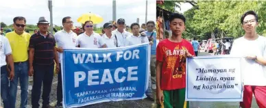  ??  ?? WALK FOR PEACE — Multi-sectoral groups composed of students, farmers, women, and the local government officials march for peace during the Hacienda Luisita Peace Caravan in Barangay Central, Tarlac City last Saturday. (Franco G. Regala)