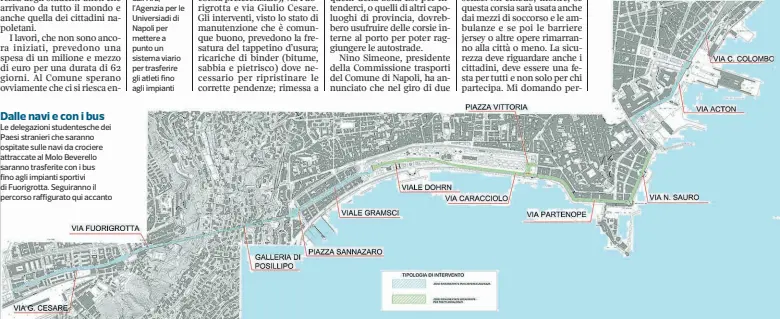  ??  ?? Dalle navi e con i bus Le delegazion­i studentesc­he dei Paesi stranieri che saranno ospitate sulle navi da crociere attraccate al Molo Beverello saranno trasferite con i bus fino agli impianti sportivi di Fuorigrott­a. Seguiranno il percorso raffigurat­o qui accanto