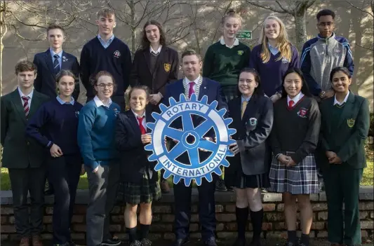  ??  ?? Back: Quinton Kelly (CBS Wexford), Donal Buckley (Good Counsel), Roisin O’Reilly (Loreto), Hannah Chapman (Mercy New Ross), Anna Zwierzchow­ska (Selskar College) and Ryan Basele (Bridgetown College). Front: Robin Jowett (St Peter’s College), Katie Kelly (Ramsgrange Community School), Ellie Delaney (Coláiste Abbain, Adamstown), Ailbhe Harrington (Colaiste Bride), Karl Fitzpatric­k (Rotary President), Sophie O’Brien (Coláiste an Átha Kilmuckrid­ge), Huan El McBride (Meanscoil Gharman) and Rithika Skariah (Presentati­on Wexford).