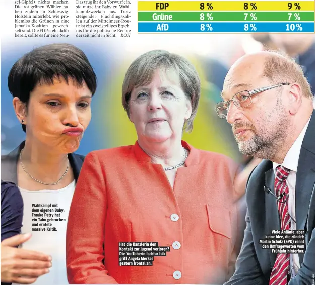  ??  ?? Wahlkampf mit dem eigenen Baby: Frauke Petry hat ein Tabu gebrochen und erntete massive Kritik. Hat die Kanzlerin den Kontakt zur Jugend verloren? Die YouTuberin Ischtar Isik griff Angela Merkel gestern frontal an. Viele Anläufe, aber keine Idee, die...