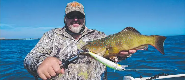  ??  ?? Anaconda's Jason Rogers with a nice coral trout from Darwin Harbour