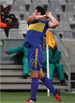  ??  ?? FORE! Roland Putsche of Cape Town City celebrates a goal in true golfing fashion.