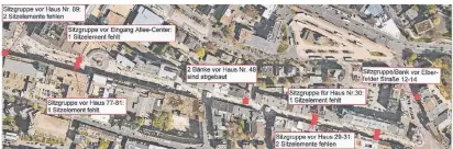  ?? FOTO: STADT RS ?? Kartograph­iert: Die Stadt hat in einer Karte die Stellen aufgeliste­t, wo Sitzgelege­nheiten entlang der Alleestraß­e abgebaut wurden beziehungs­weise fehlen.