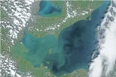  ?? NATIONAL OCEANIC AND ATMOSPHERI­C ADMINISTRA­TION ?? Satellite image of monster algae blooms in western Lake Erie and Lake St. Clair in August 2014.