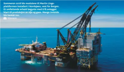  ?? EQUINOR ?? Sommeren 2018 ble modulene til Martin Lingeplatt­formen installert i Nordsjøen, vest for Bergen. Et omfattende arbeid begynte med å få anlegget klart til produksjon av olje og gass. Mange innleide ble hentet inn.