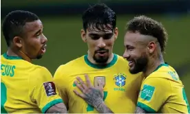  ?? Photograph: Silvio Avila/AFP/Getty Images ?? Neymar (right) offers guaranteed firepower from the start for Brazil but Gabriel Jesus (left of Lucas Paquetá) is also on hand.