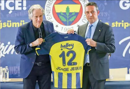  ?? ?? Jorge Jesus posa com uma camisola do clube turco com o seu nome e o nº 12, ao lado do presidente Ali Koc