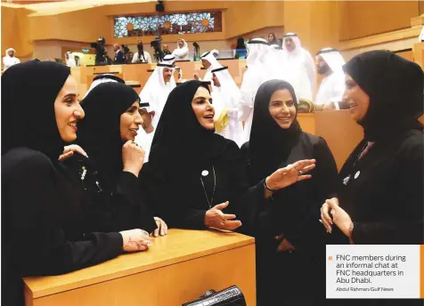  ?? Abdul Rahman/Gulf News ?? FNC members during an informal chat at FNC headquarte­rs in Abu Dhabi.