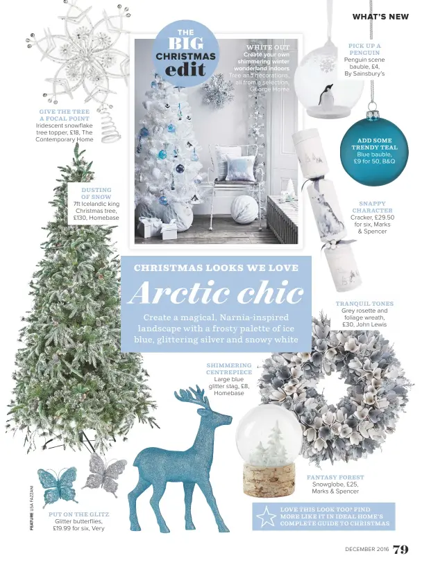  ??  ?? give the tree a focal point Iridescent snowflake tree topper, £18, The Contempora­ry Home dusting of snow 7ft Icelandic king Christmas tree, £130, Homebase put on the glitz Glitter butterflie­s, £19.99 for six, Very White out CREATE YOUR OWN SHIMMERING...