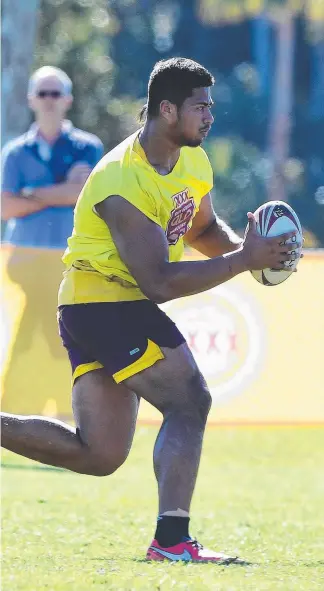  ?? Pictures: AAP IMAGES ?? Gold Coast junior Payne Haas, 17, provided the Maroons with a brutal dose of reality at yesterday’s opposed training session.