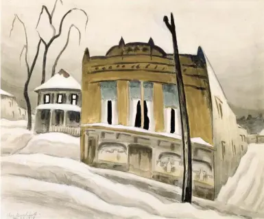  ??  ?? Charles E. Burchfield (1893-1967), The Corner Store (also known as Corner Store in Winter), January 23, 1918. Watercolor, gouache and graphite on paper, 13¼ x 16 in. Burchfield Penney Art Center. Purchased in honor of Anthony Bannon, 2018. On view in Charles E. Burchfield & the American Scene at Burchfield Penney Art Center.